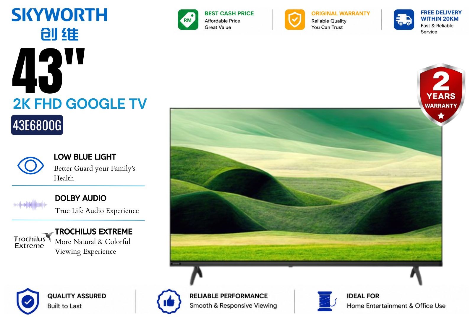 SKYWORTH 43E6800G 43" 2K Full HD Google TV | Dolby Audio | Google Assistant | Bezel-less Smart TV 