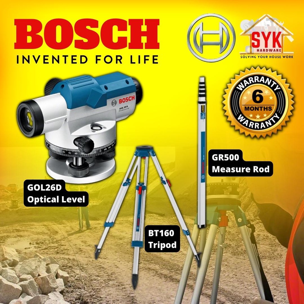 SYK BOSCH GOL26D GOL 26D Optical Level Complete with GR500 Measurement Rod & BT160 Tripod Stand - 0601068000