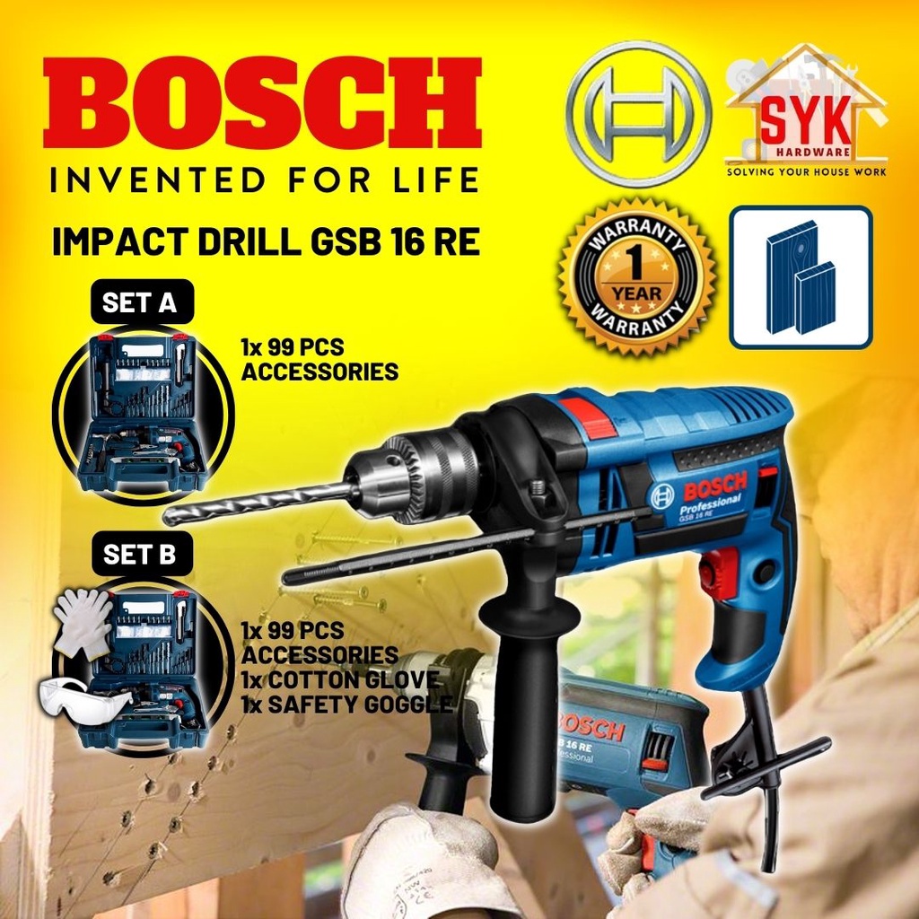 SYK Bosch GSB 16RE GSB16RE GSB 16 RE Impact Drill 750W Machine Impack Drill Wayar Drill Machine - 06012281L2 (Free Gift)