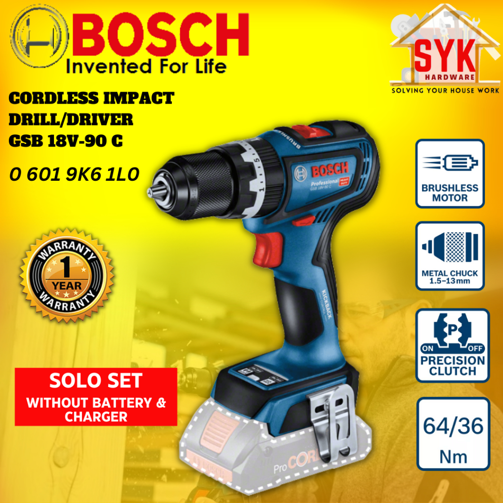 SYK Bosch GSB18V-90C GSB 18V-90C Cordless Impact Drill Driver Solo Power Tools Drill Wood Steel Mesin Gerudi 06019K61L0