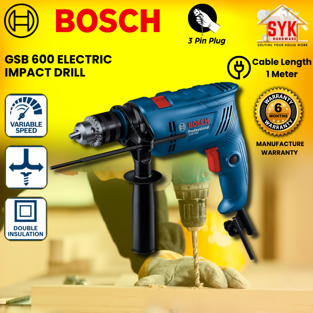 SYK BOSCH GSB600 GSB 600 13mm 600W Electric Impact Drill Concrete Wood Drilling Machine Mesin Drill 06011A03L0