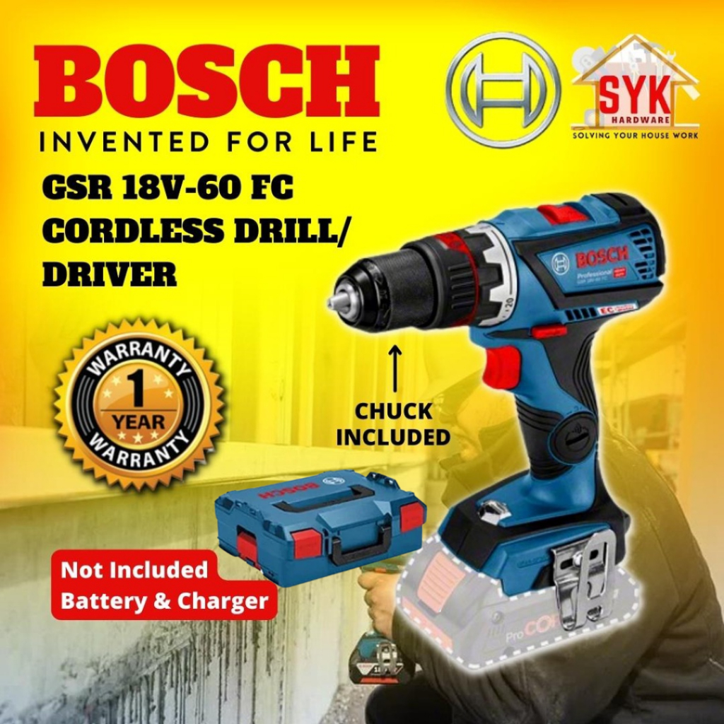 SYK BOSCH GSR18V-60FC Cordless Drill Driver Power Tools Hand Drill Bosch Drill Battery Bosch Mesin Drill - 06019G71L0