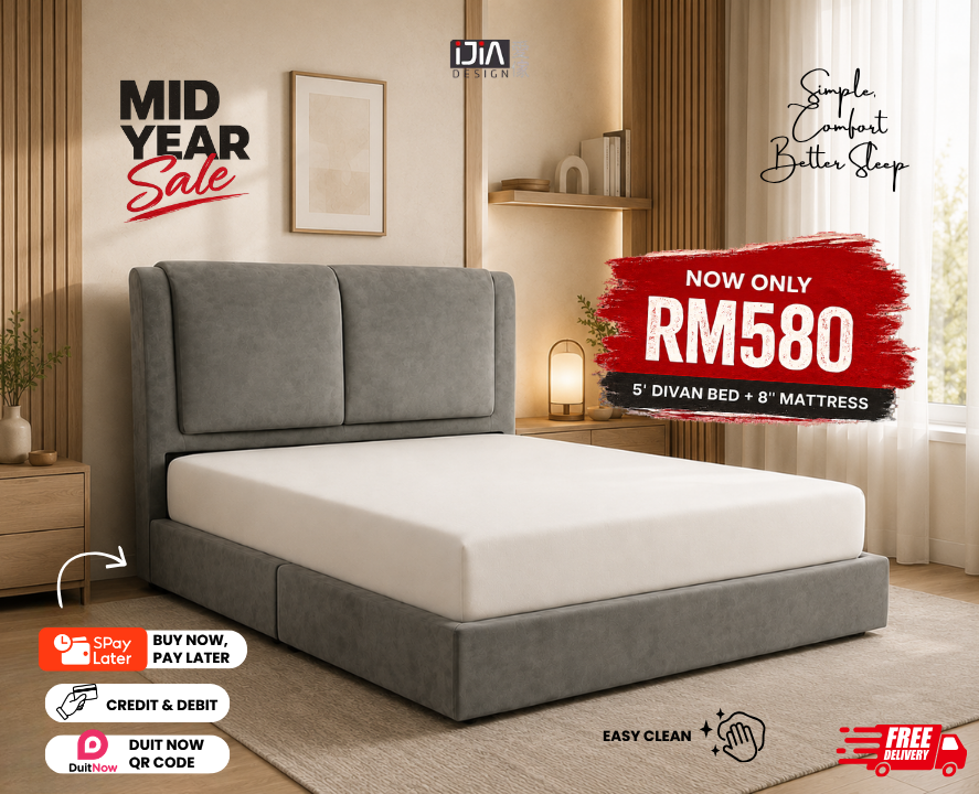 🛏️ MID YEAR SALE IS HERE! Upgrade your bedroom today with our stylish 5’ Divan Bed complete with an 8” mattress for only RM550! ✨