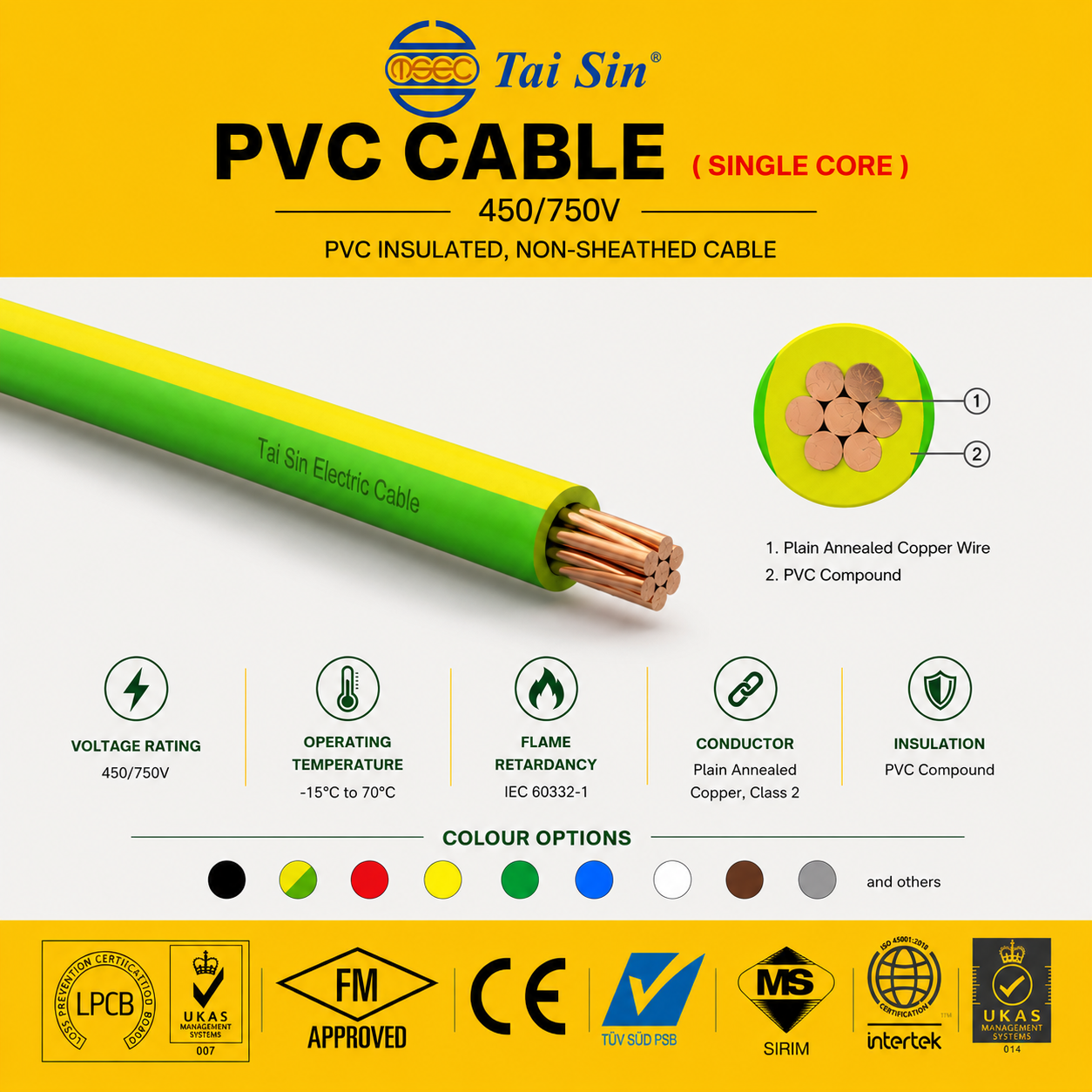 TAI SIN SINGLE CORE CU/PVC INSULATED, NON-SHEATHED CABLE 450/750V | COPPER CABLE 单芯铜线聚氯乙烯电缆