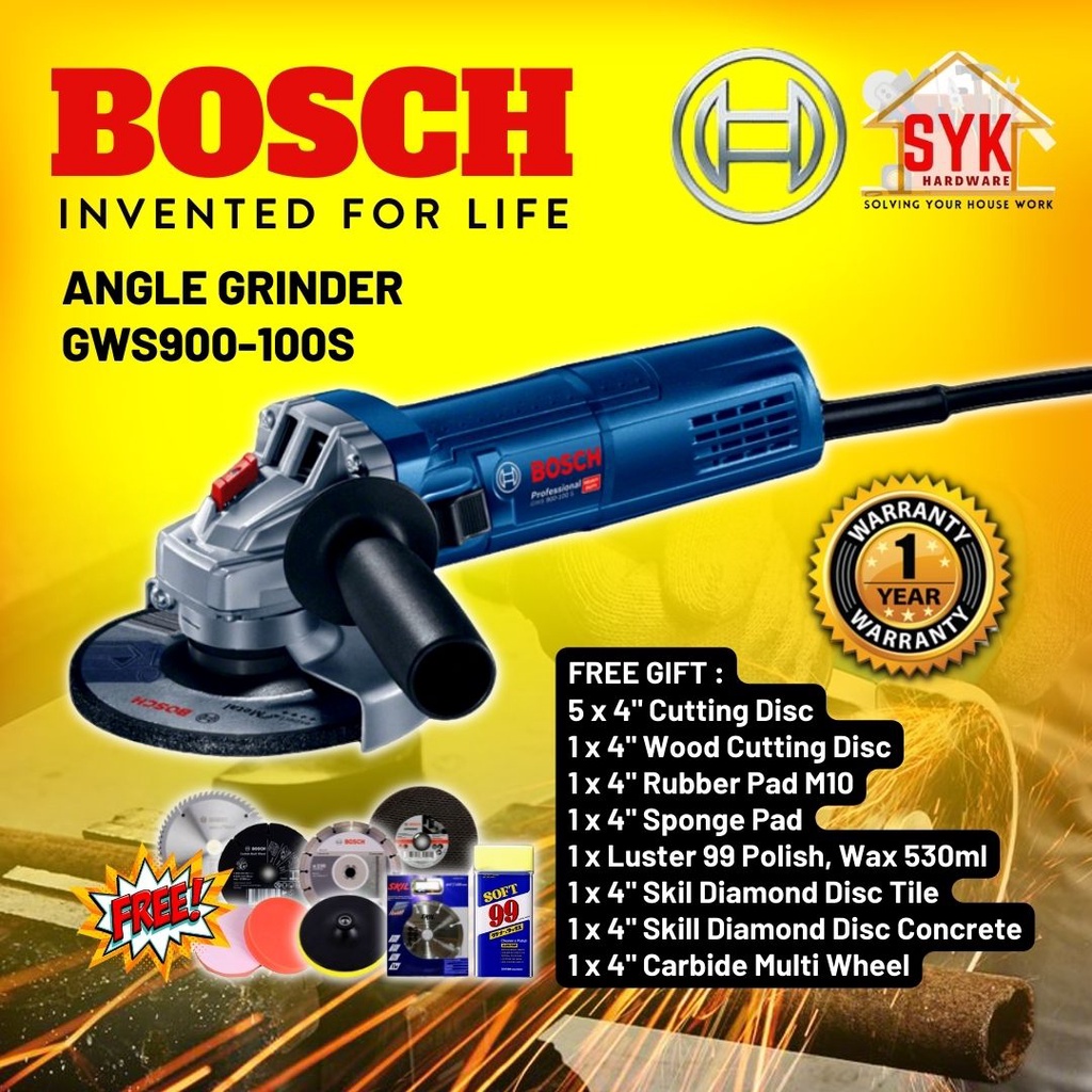 SYK BOSCH GWS 900-100S GWS900-100S Angle Grinder Mesin Grinder Pemotong Besi - 06013961L0 (SETS) FREE GIFT