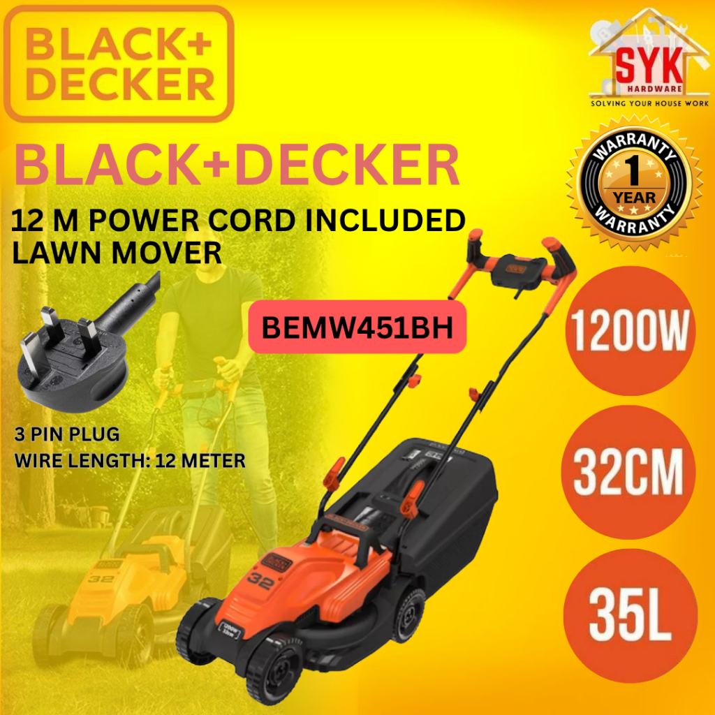 SYK Black Decker BEMW451BH Lawn Mower Heavy Duty Grass Cutter Machine Trimmer Mesin Potong Rumput Tolak Elektrik