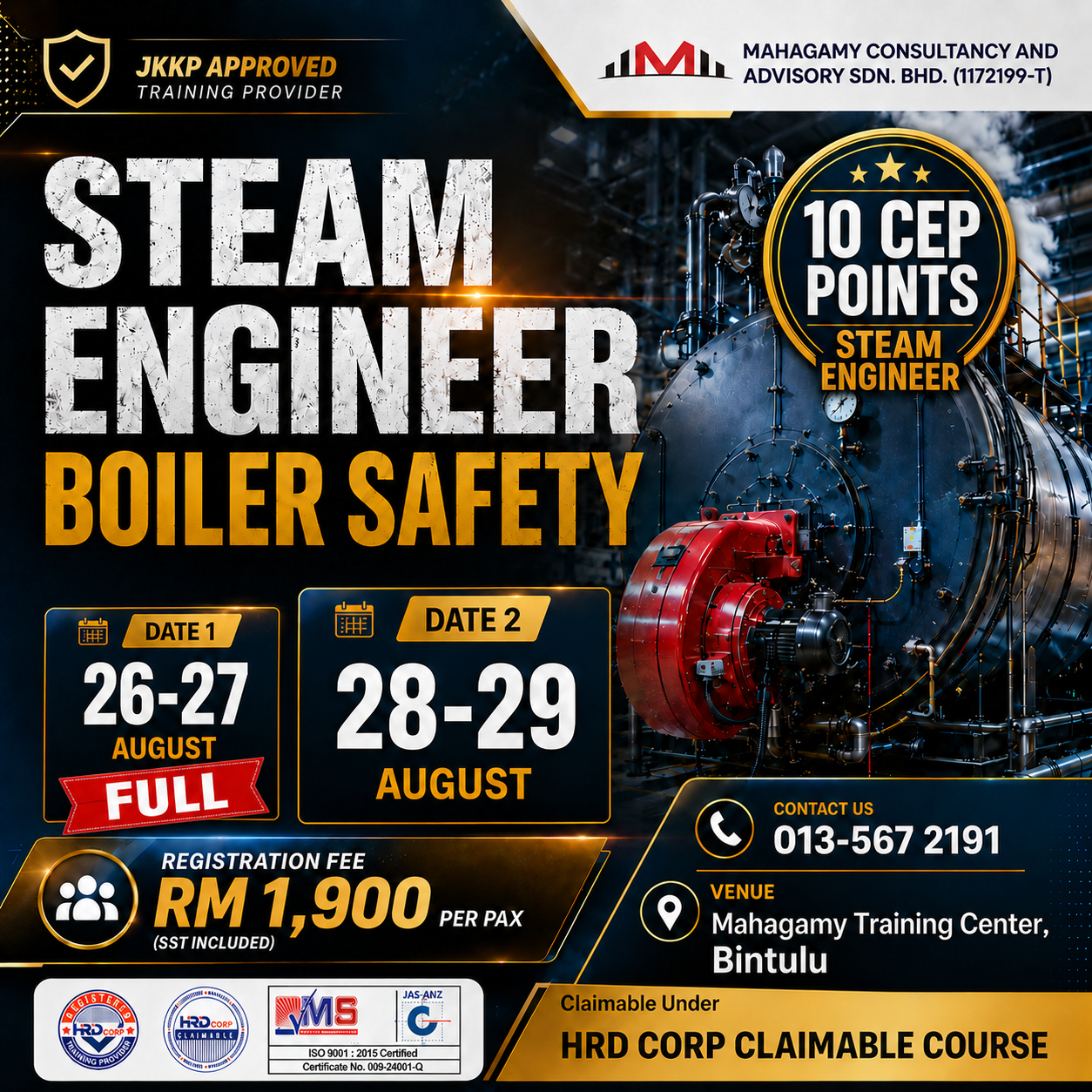 Steam Engineer Boiler Safety, 26-27 August & 28-29 August 2026, CEP 10 Point, Bintulu