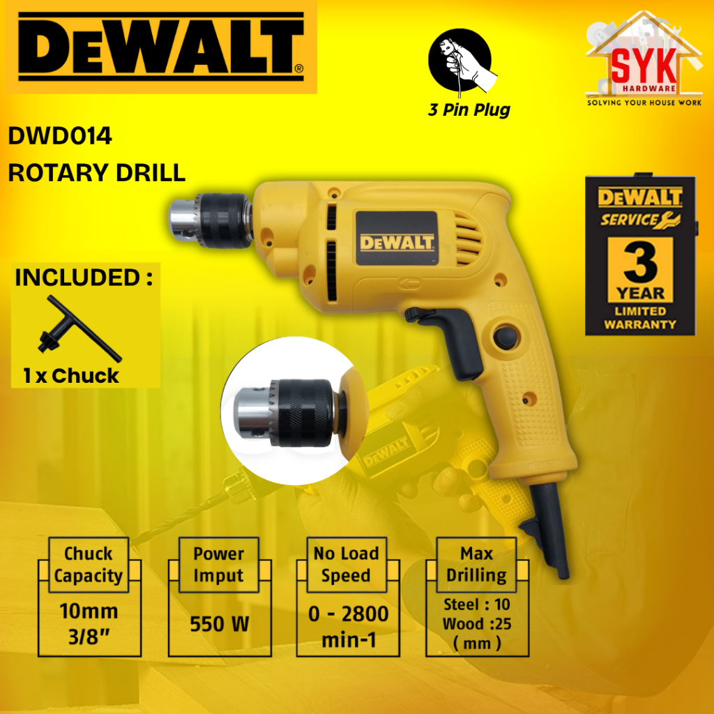SYK Dewalt DWD014 Electric Rotary Drill Machine Drilling Wood Steel Mesin Elektrik Gerudi Drilling Kayu