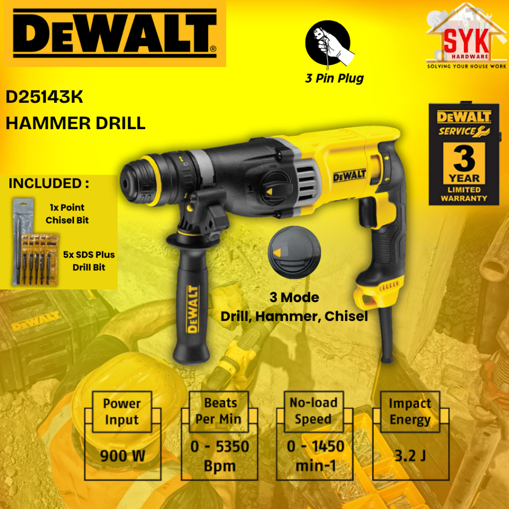 SYK Dewalt D25143KA Electric Hammer Drill Wood Machine Power Tools Mesin Tebuk Gerudi Dinding Electrik