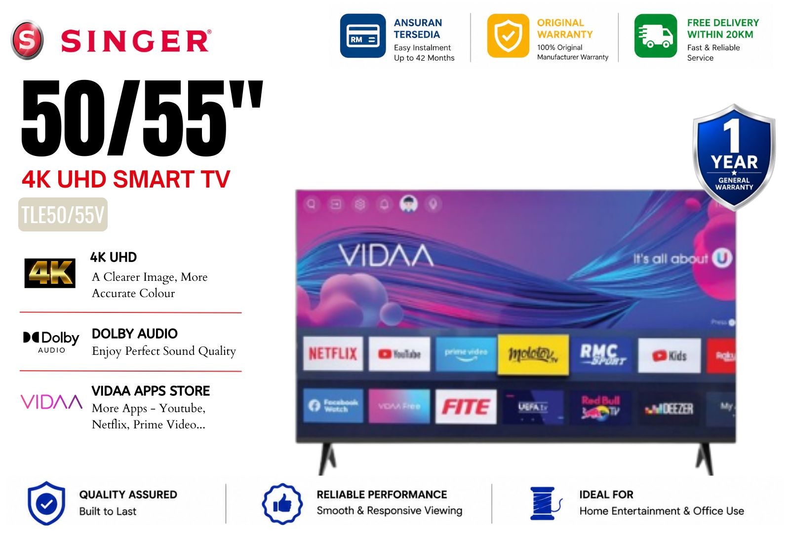 Singer TLE50V / TLE55V 4K UHD VIDAA Smart TV | Ultra HD 4K | HDR | Dolby Audio | Built-in Wi-Fi 
