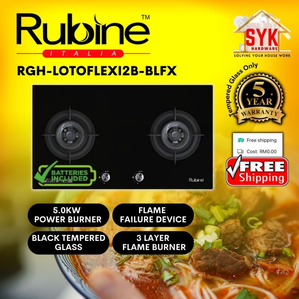SYK (FREE SHIPPING GLASS WARRANTY 5 YEAR) Rubine Hob RGH-LOTOFLEXI2B Built In Gas Hob Gas Stove Kitchen Hob Dapur Gas