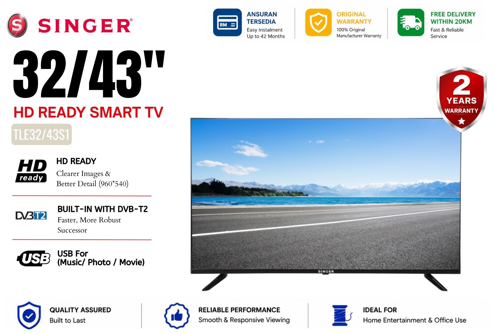 Singer TLE32S1 / TLE43S1 Smart TV | HD Ready / Full HD | Smart TV | Miracast | DVB-T2 