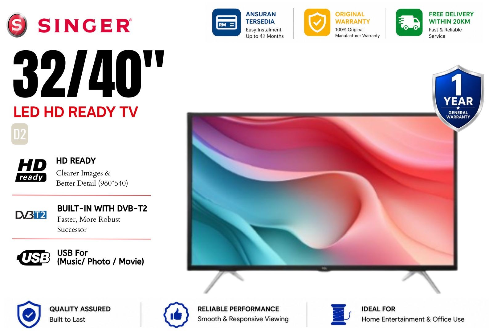 Singer 32D2 / 40D2 LED TV | HD Ready 32" / Full HD 40" | DVB-T2 Digital TV | USB Movie | HDMI 