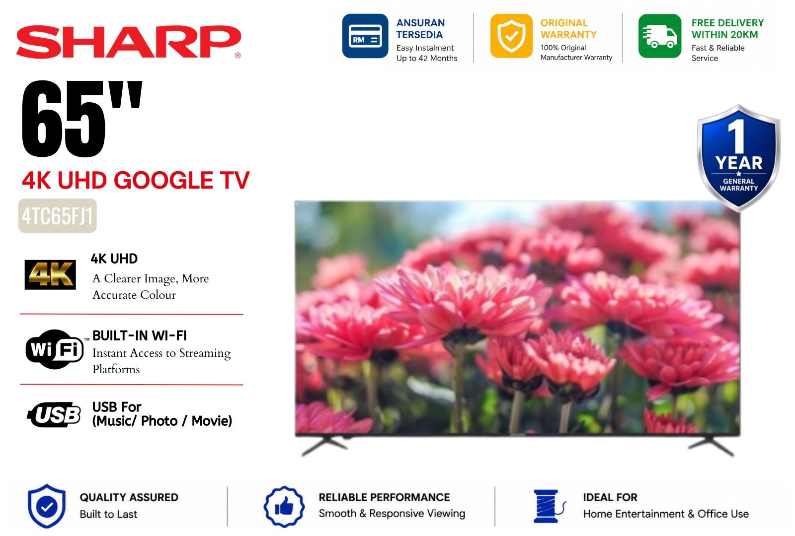 Sharp 4TC65FJ1X 65" 4K UHD Google TV | HDR | Dolby Audio | Google Assistant | Chromecast Built-in 