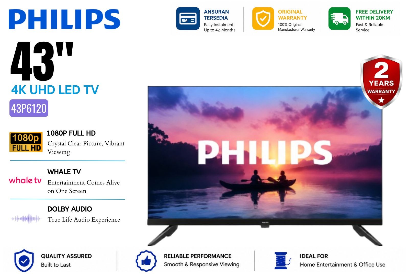 Philips 43P6120 43" 4K UHD LED Smart TV | Google TV | HDR10 | Dolby Audio | Chromecast Built-in 