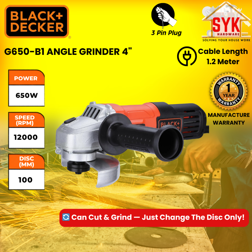 SYK Black Decker 4 Inch Electric Angle Grinder G650-B1 Cutting Grinding Machine Mesin Grinder Elektrik