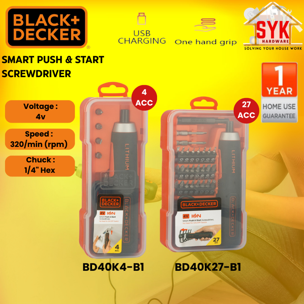 SYK Black Decker BD40K4-B1 BD40K27-B1 Smart Push Start Screwdriver Cordless Screwdriver Bits Mesin Gerudi
