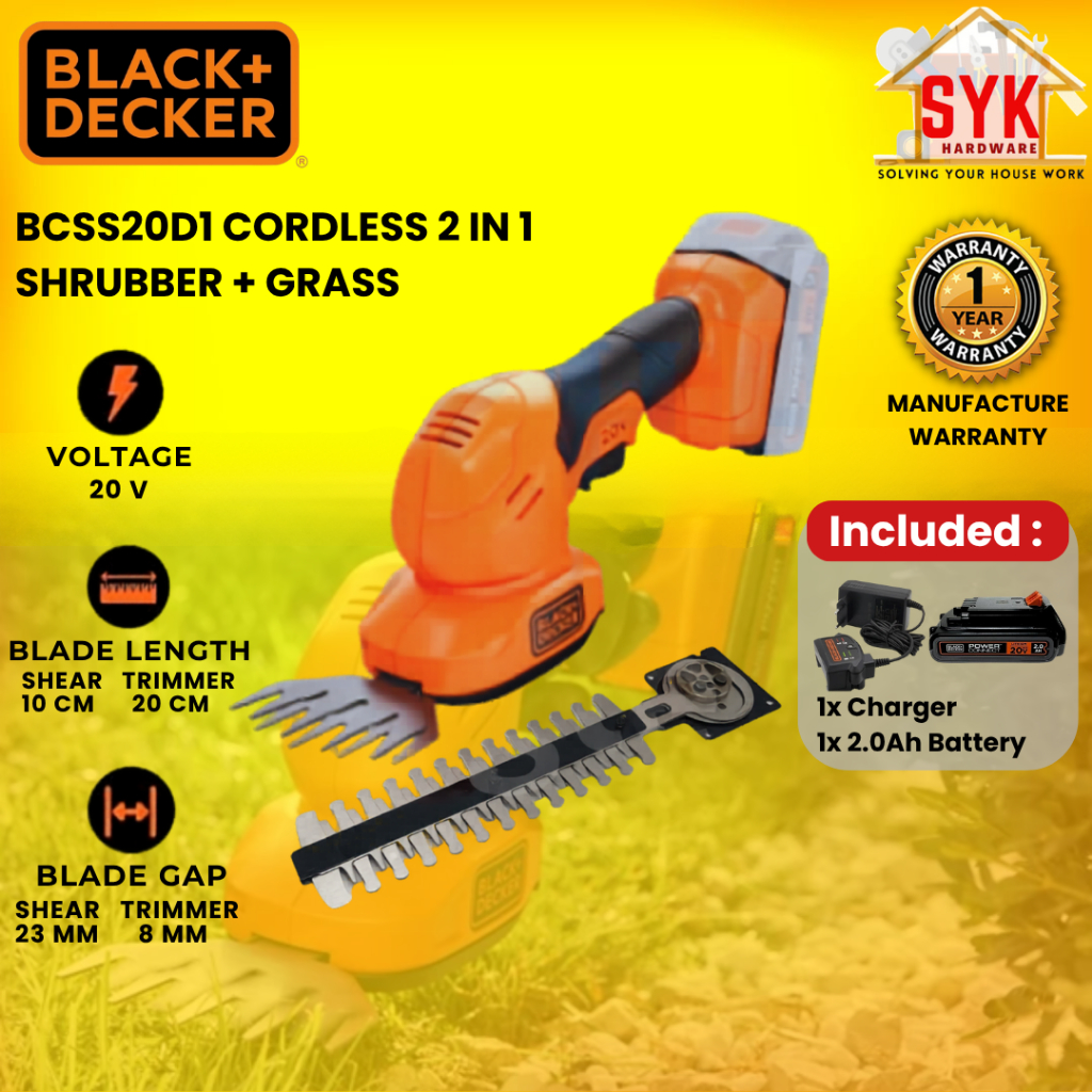 SYK Black Decker Cordless Shrubber Grass Shear BCSS20D1-B1 Battery Rechargeable Grass Trimmer Pemangkas Rumput