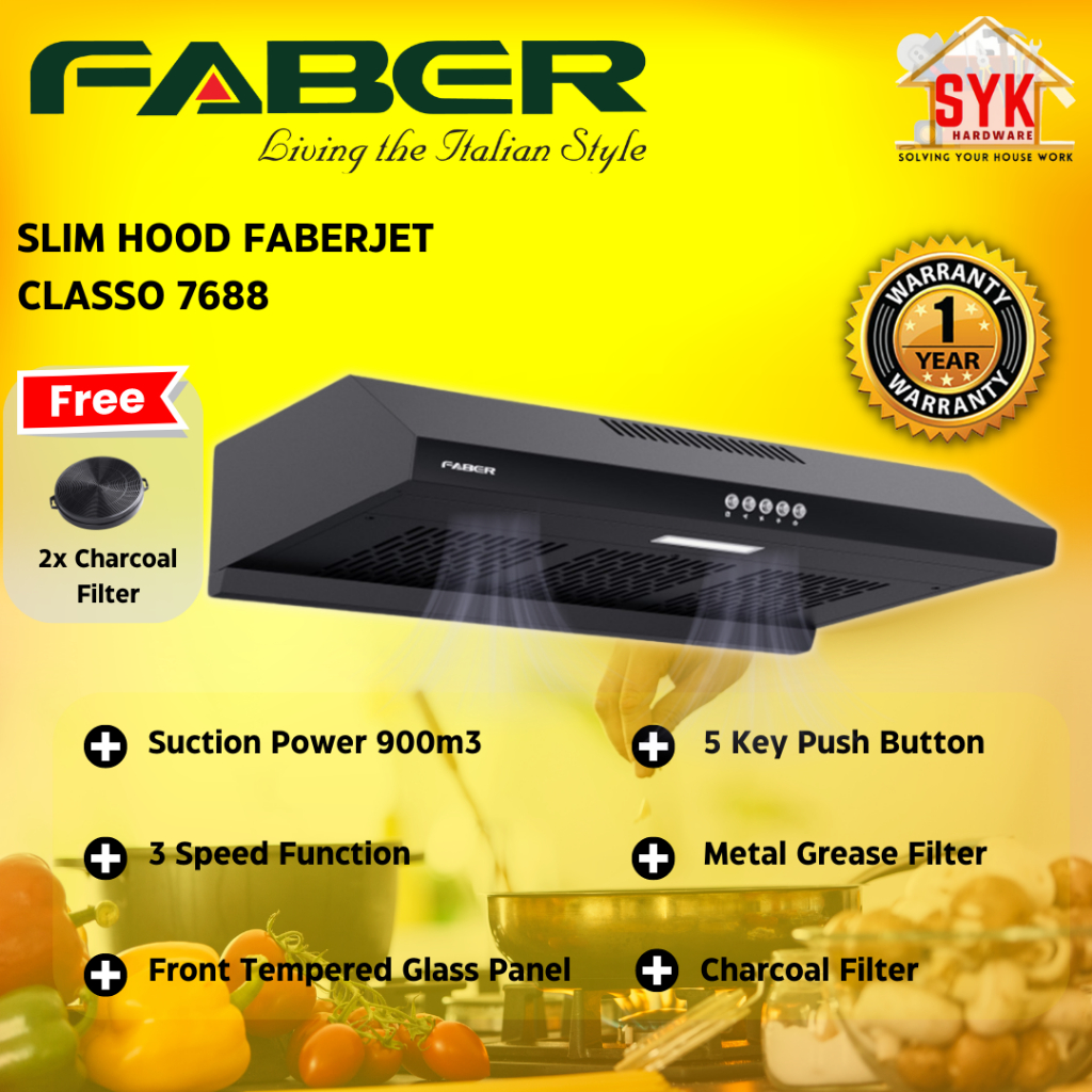 SYK Faber 7688 Faberjet Classo Slim Hood Wall Mounted Kitchen Appliances Hood Penyedut Asap Dapur Masak Free Gift