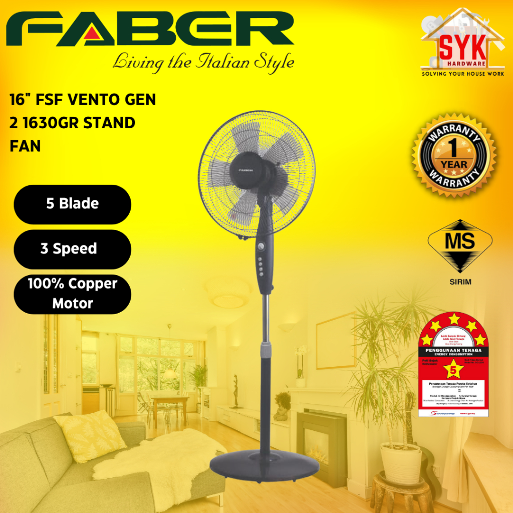 SYK Faber FSF VENTO GEN 2 1630GR 16 Inch Stand Fan Electric 5 Blade Stand Fan Floor Fan Kipas Berdiri Angin Kuat