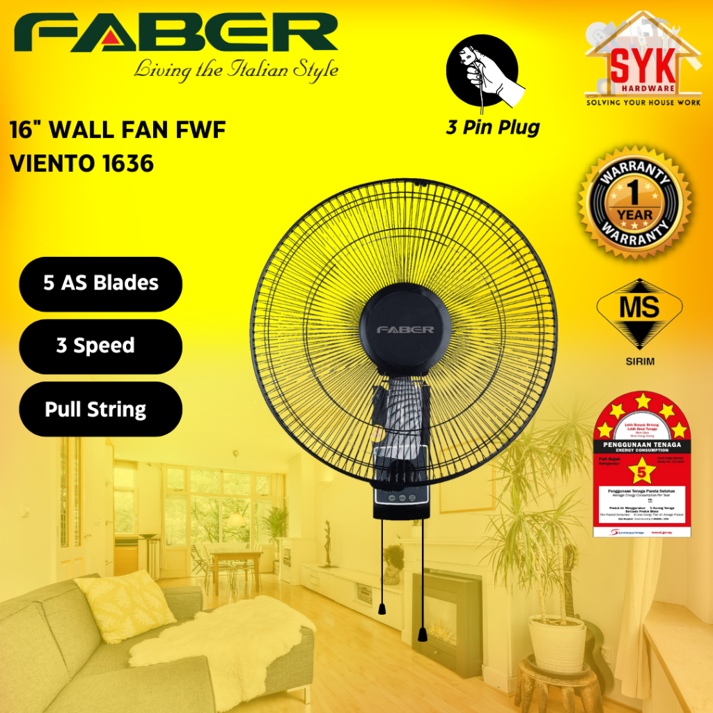 SYK Faber FWF VENTO GEN 2 1636 16 Inch Pull String Wall Fan Electric Kipas Dinding Kipas Elektrik Gantung Angin Kuat