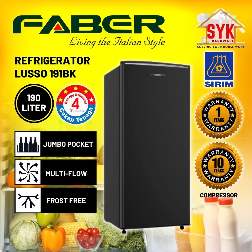 SYK FABER Single Door Refrigerator LUSSO 191BK 190 Liter 1 Door Home Appliances Kitchen Peti Sejuk Peti Ais 1 Pintu