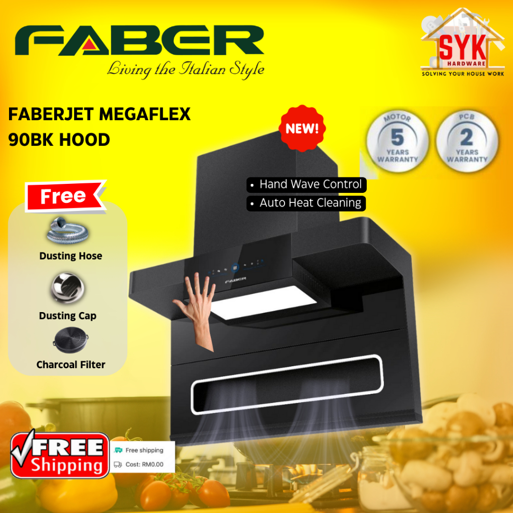 SYK Free Shipping Faberjet MEGAFLEX 90BK Cooking Cooker Hood Kitchen Penyedut Asap Dapur Masak Free Gift