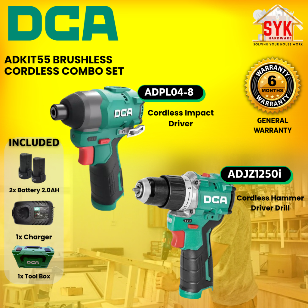 SYK DCA ADKIT55 Cordless Brushless Combo Set ADPL04-8 ADJZ1250i Impact Driver Hammer Driver Drill Battery 12V