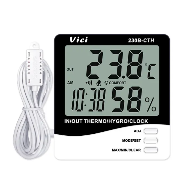 Vici 230B-CTH Room/Outer Digital Thermo Hygro Meter, Long Distance testing out room temperature tests, Clock/Date, Max/Min memory functions.