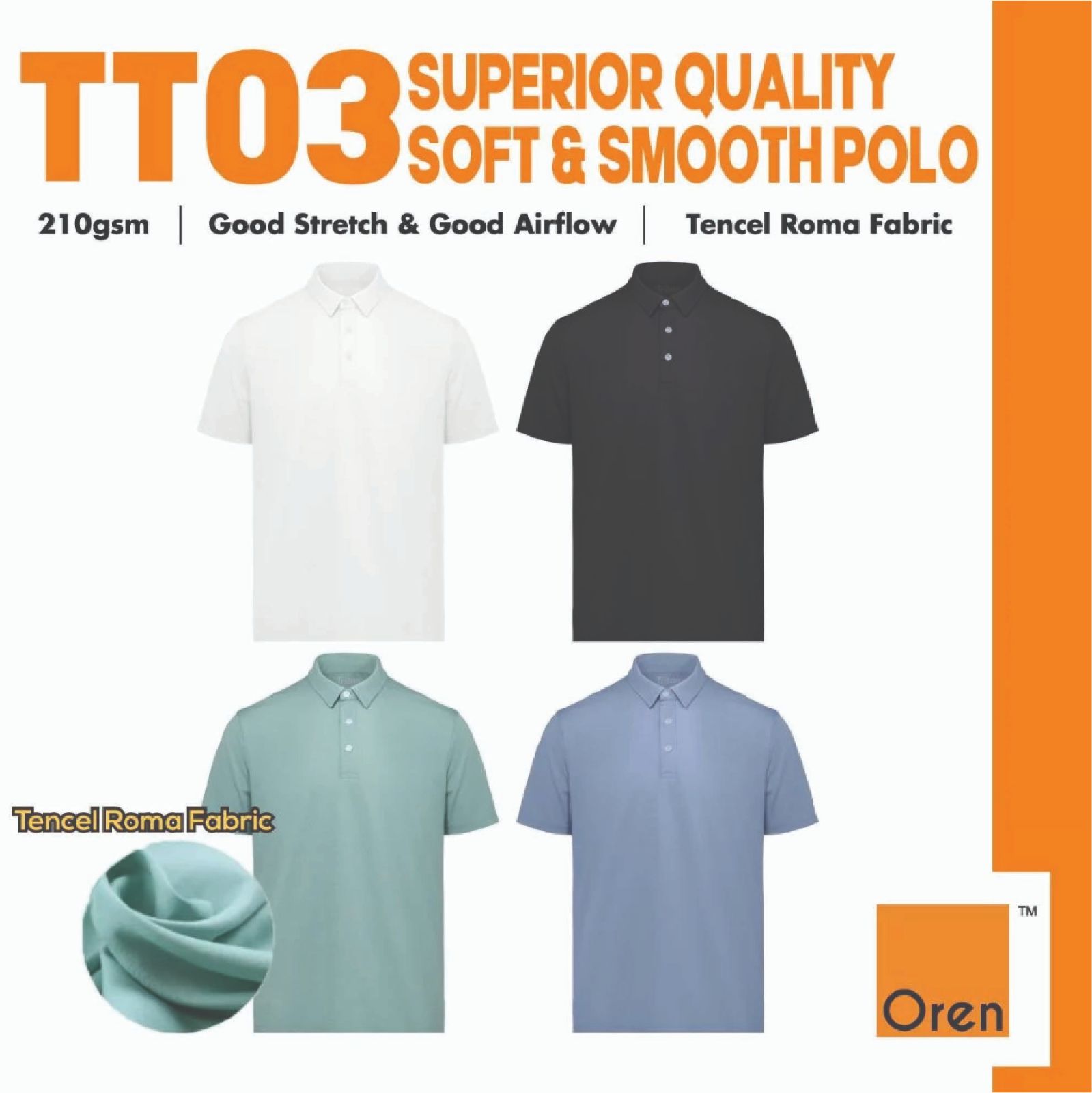 OREN SPORT Superior Quality Soft & Smooth Tritan Polo Unisex Tencel Roma Fabric Good Stretch & Airflow Polo TT03