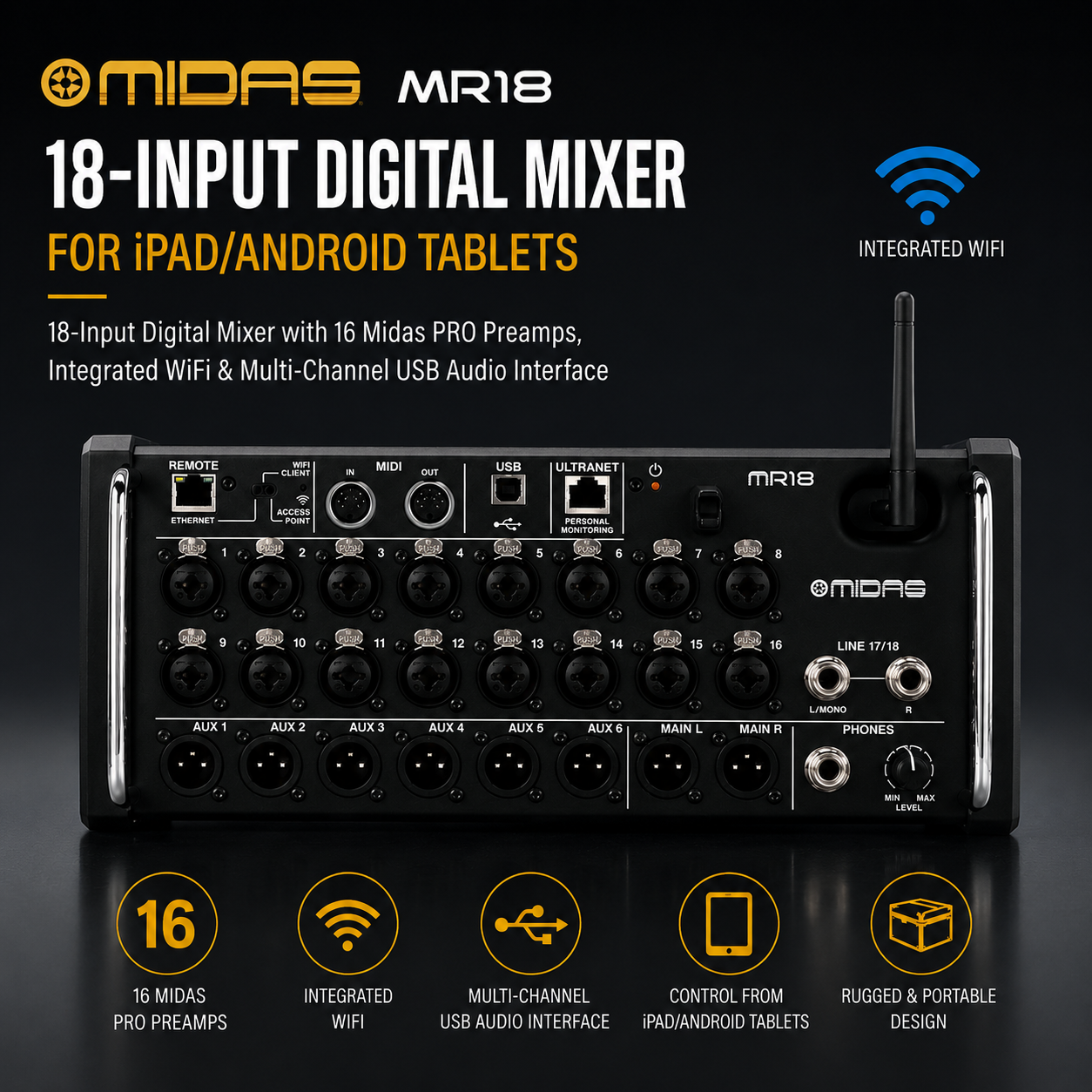 Midas MR18 – 18-Input Digital Mixer for iPad/Android Tablets with 16 Midas PRO Preamps, Integrated WiFi & Multi-Channel USB Audio Interface
