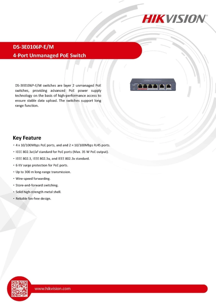 HIKVISION - DS-3E0106P-E/M - 4 Port Fast Ethernet Unmanaged POE Switch