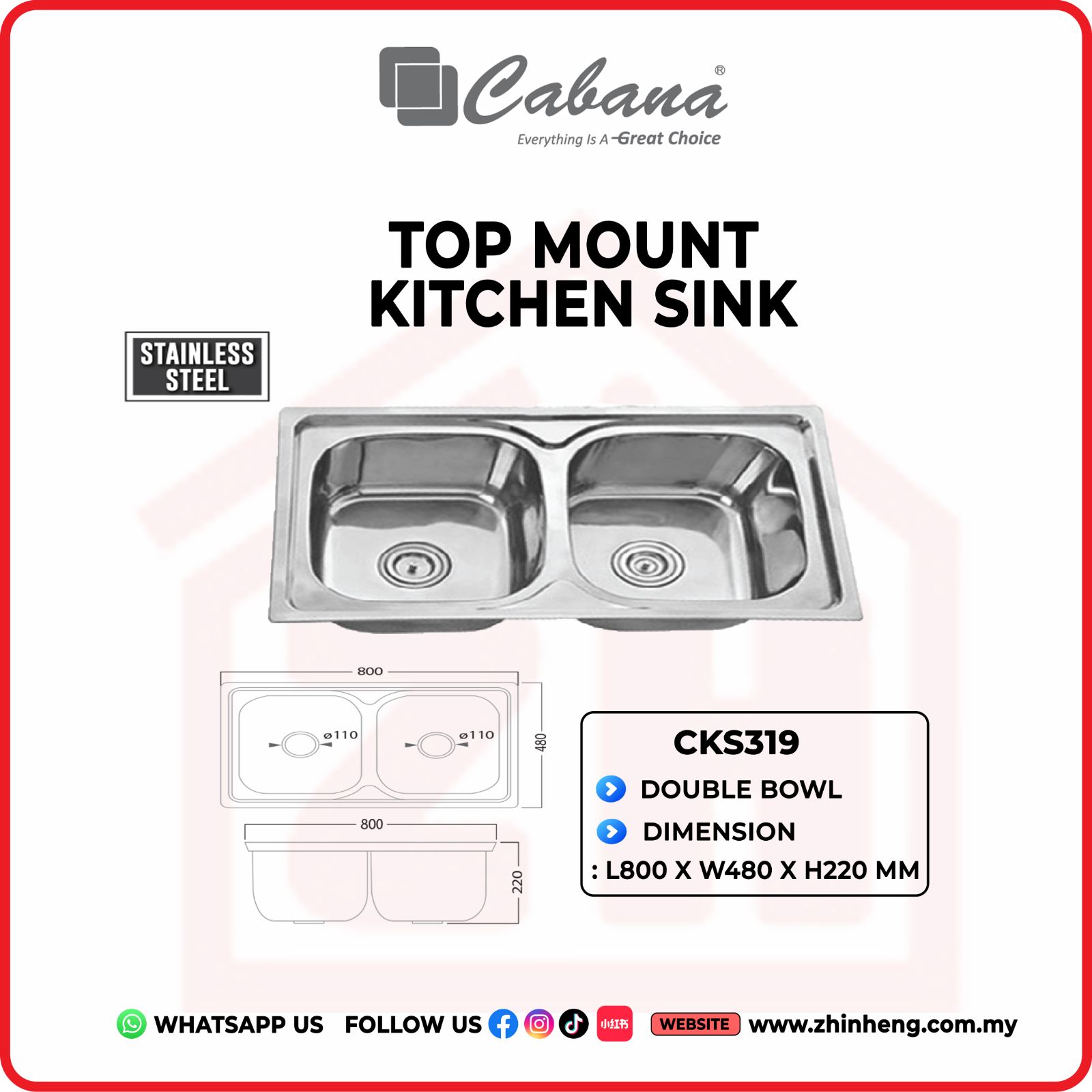 CABANA TOP MOUNT KITCHEN SINK DOUBLE BOWL CKS319