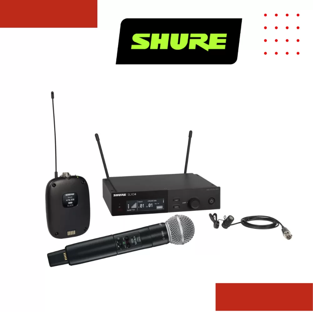 SHURE SLXD124/85 Wireless System with SLXD2/58 Handheld Transmitter, SLXD1 Bodypack Transmitter and WL185 lavalier microphone