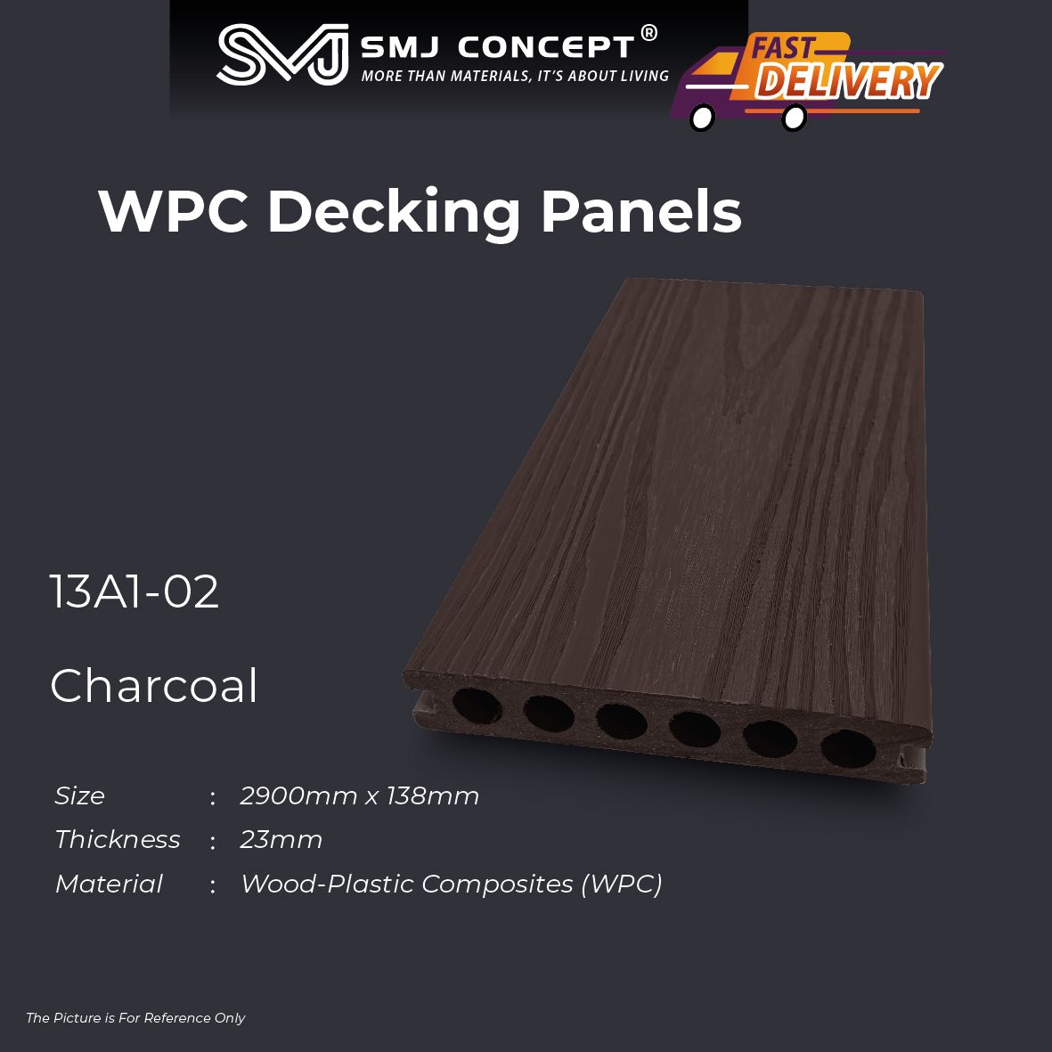 13A1-02 | 2900MM x 138MM x 23MM | WPC Roundcore Decking | Charcoal