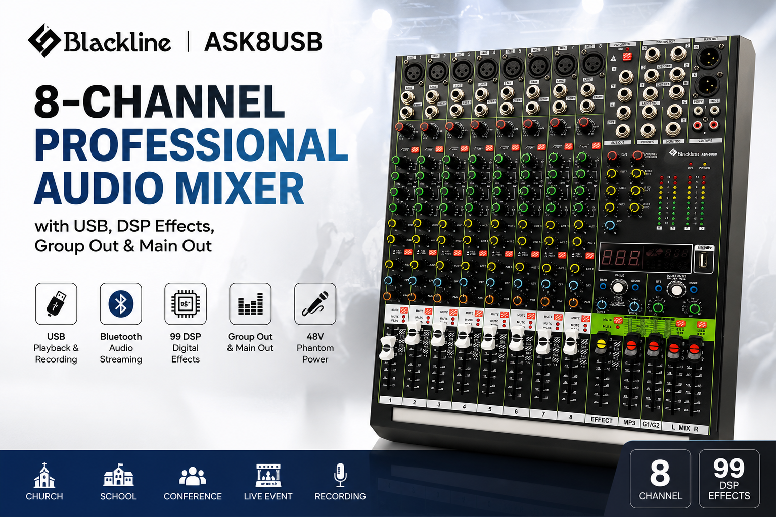 Blackline ASK8USB 8-Channel Professional Audio Mixer with USB, Built-in DSP Effects, Group Out & Main Out