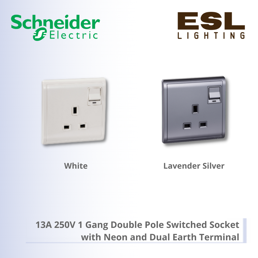 [DISCONTINUE] SCHNEIDER Pieno 13A 250V 1 Gang Double Pole Switched Socket with Neon and Dual Earth Terminal - E8215DNC_WE_G11 E8215DNC_LS_G11