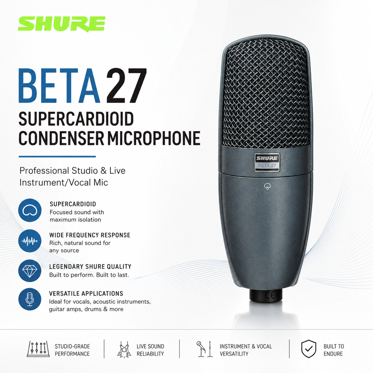 Shure Beta27 Supercardioid Condenser Microphone – Professional Studio & Live Instrument/Vocal Mic