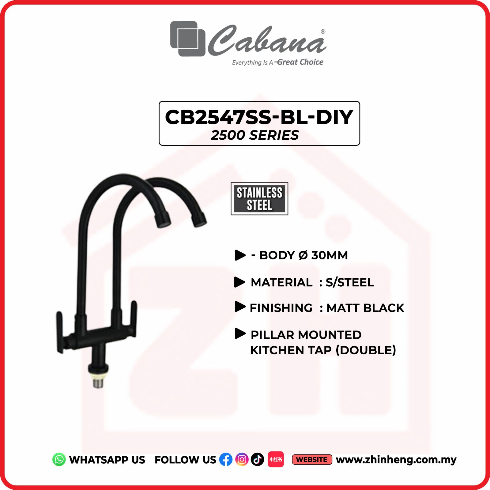 CABANA Pillar Mounted Kitchen Tap (Double) CB2547SS-BL-DIY