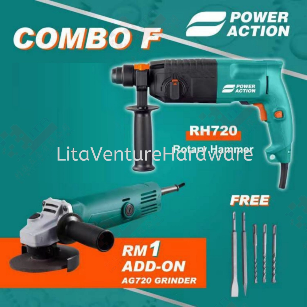 POWER ACTION RH720 ROTARY HAMMER + AG720 GRINDER (RM1 ADD-ON) - COMBO F