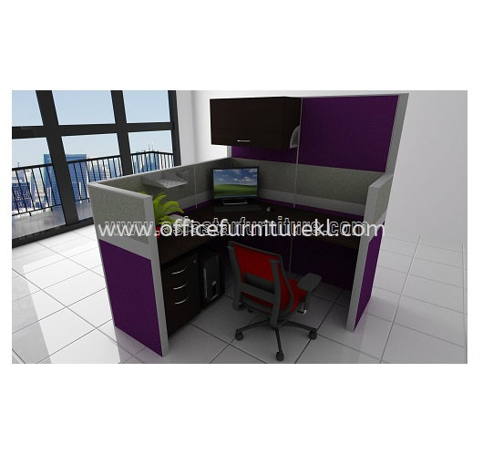 1 CLUSTER L-SHAPE WORKSTATION C/W FULL FABRIC PARTITION, FIXED PEDESTAL 2D1F & HANGING CABINET - Partition Workstation Tropicana | Partition Workstation Mutiara Tropicana | Partition Workstation Setapak