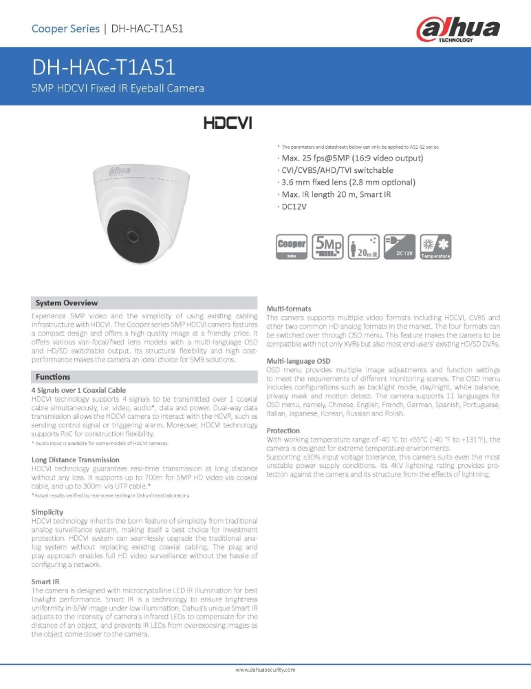 DAHUA 5MP Dome Camera (HAC-T1A51P) 3.6mm HDCVI IR Eyeball CCTV Camera