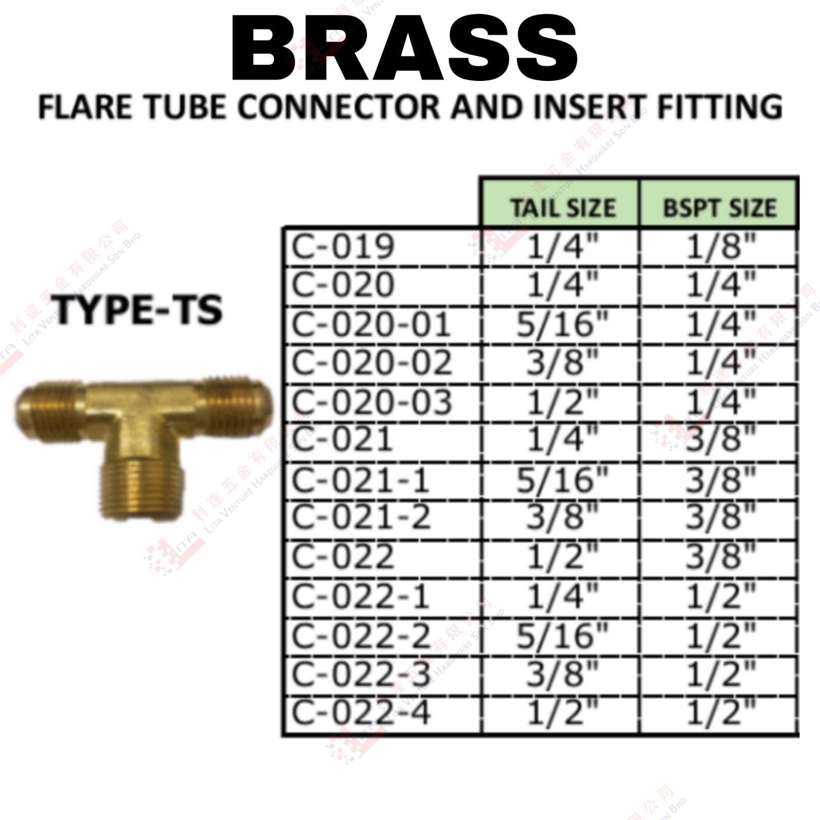 BRASS FLARE TUBE CONNECTOR AND INSERT FITTING TYPE TS - C019 C020 C02001 C02001 C02002 C02003 C021 C0211 C0212 C022  C0221 C0222 C0223 C0224