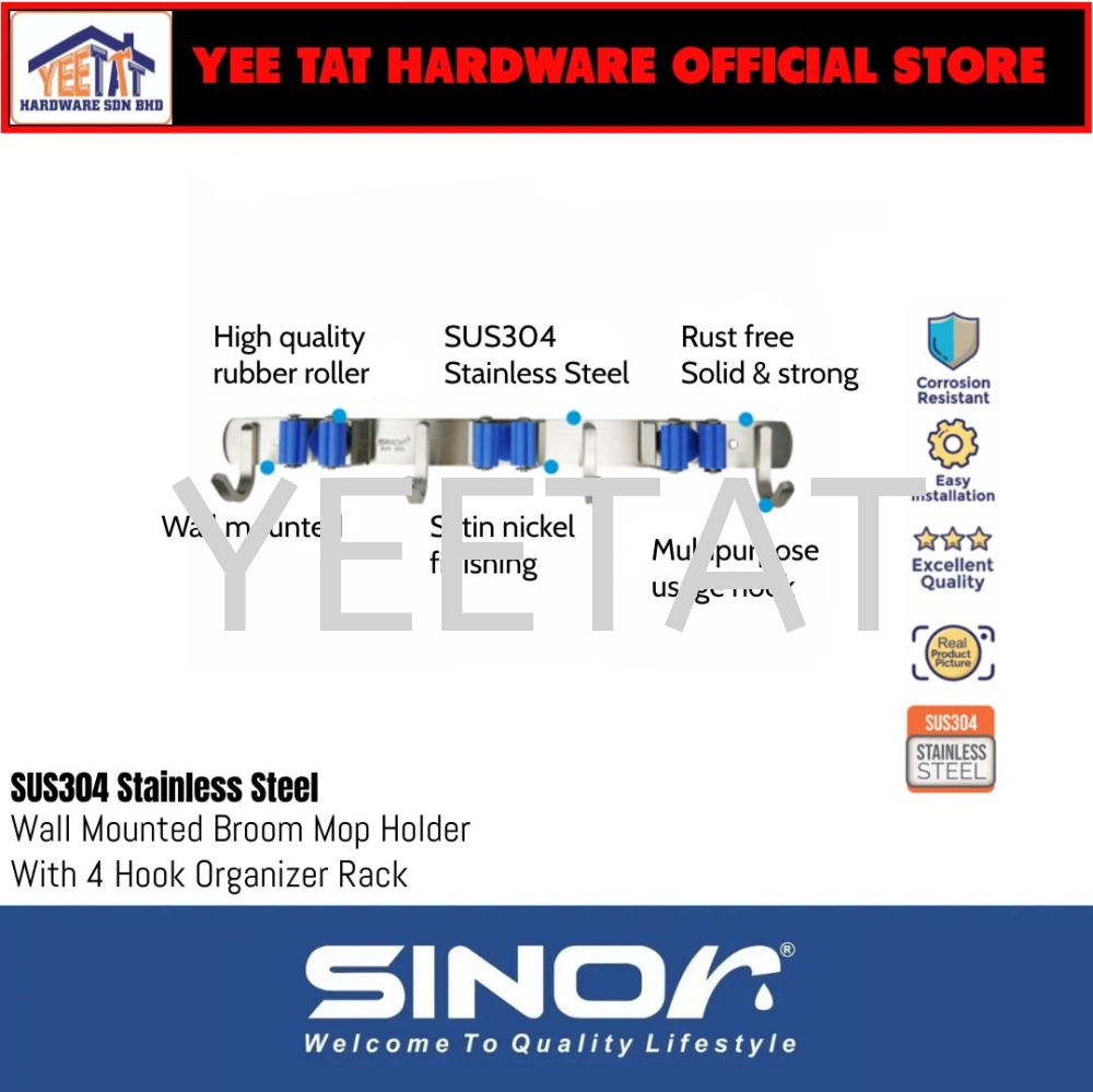 [ SINOR ] BF-9011-3 3-Slot SUS304 Stainless Steel Wall-Mounted Broom Holder And 4 Hook Organizer Rack