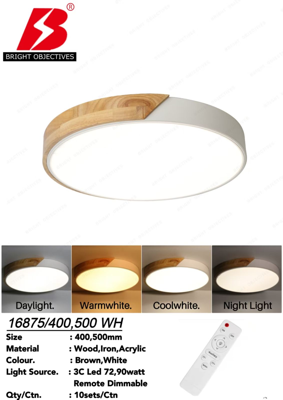 Modern Ceiling Light Wood Frame style with 3 Color Light - 16875/WH