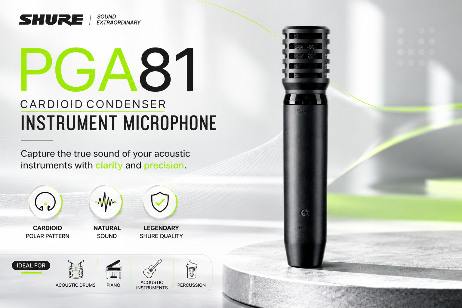 Shure PGA81 心形电容乐器麦克风 – 专业原声乐器拾音麦克风
