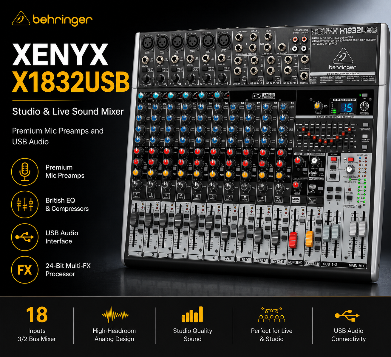Behringer XENYX X1832USB – Pengadun Bunyi Studio & Persembahan Langsung dengan Preamp Mikrofon Berkualiti Tinggi dan Audio USB
