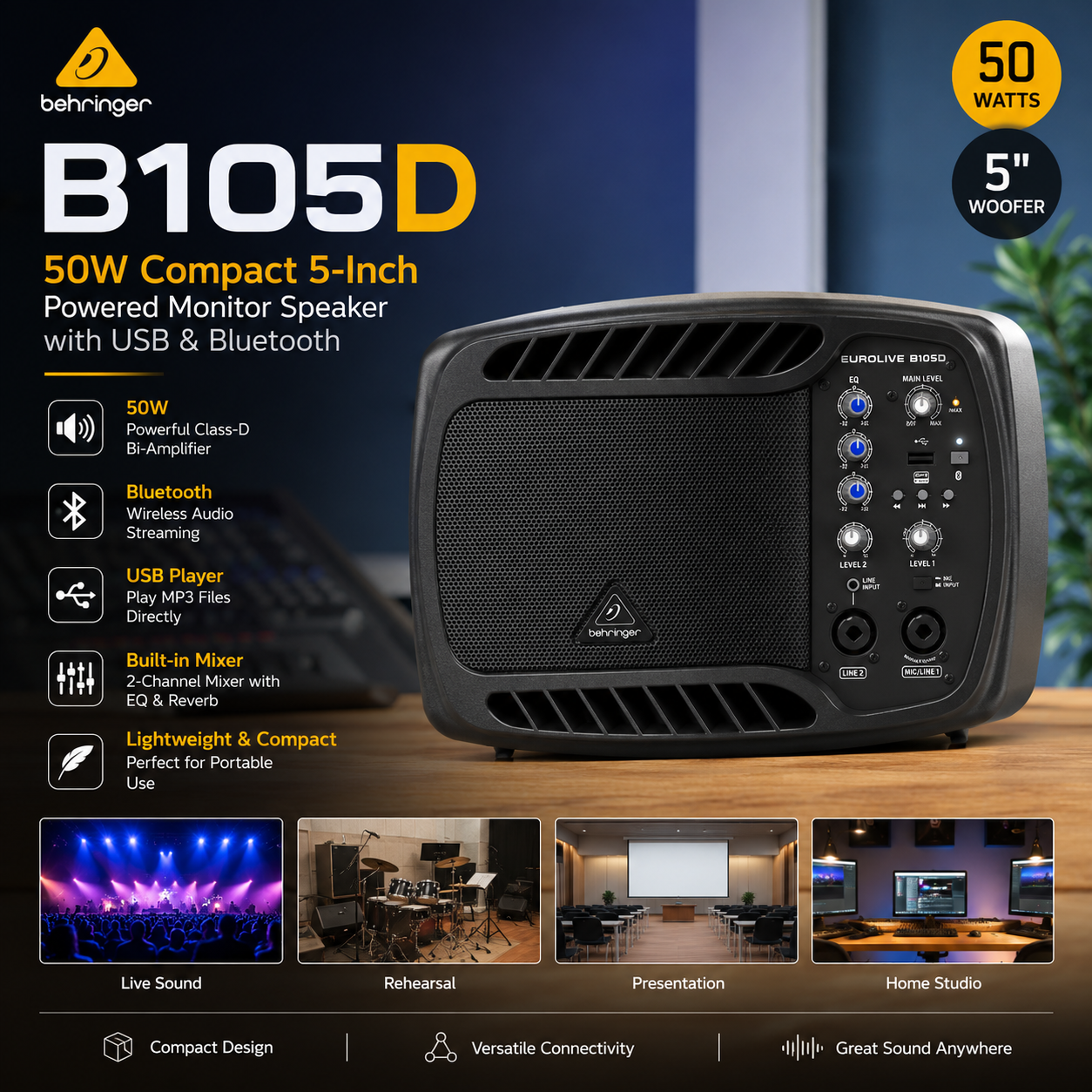 Behringer B105D – 50W Compact 5-Inch Powered Monitor Speaker with USB & Bluetooth