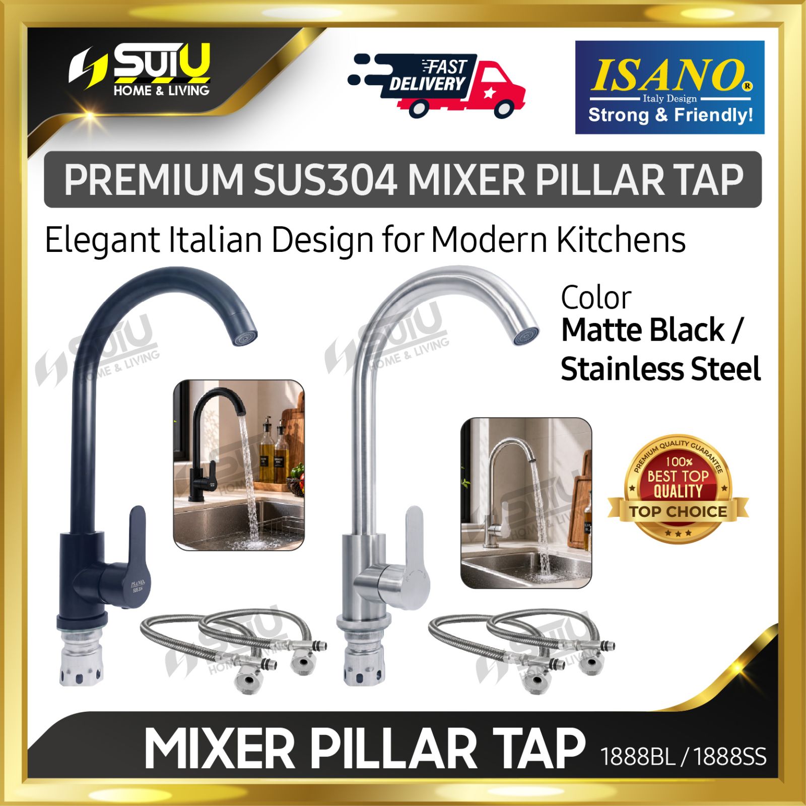 ISANO 1888BL / 1888SS SUS304 Stainless Steel Pillar Tap / Kitchen Sink Tap