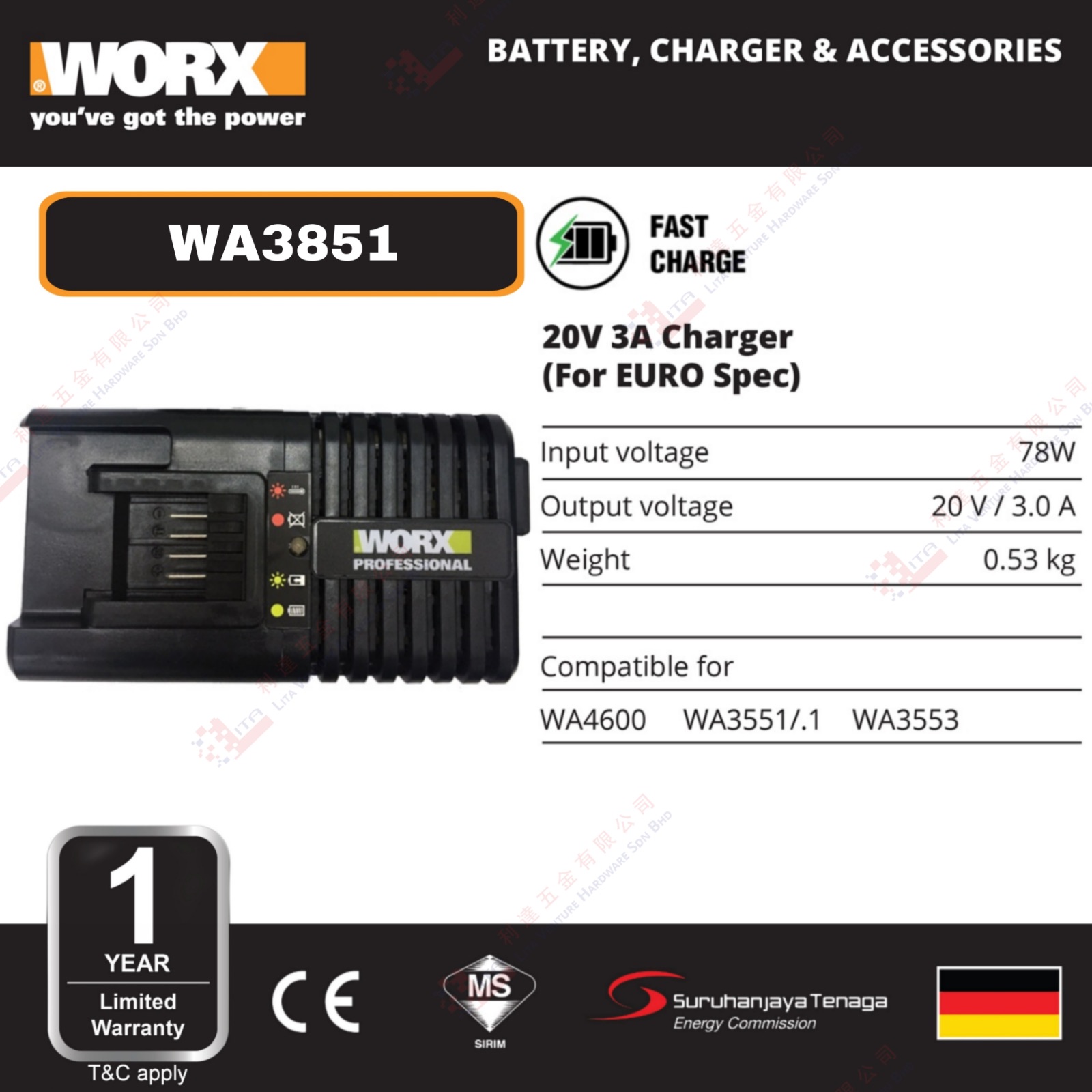 WORX BRAND 20V 3A CHARGER - WA3851